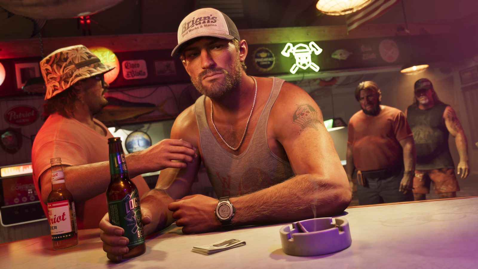El protagonista de GTA 6 Jason Duval en un bar del puerto deportivo de los Leonida Keys, captura oficial de Rockstar Games