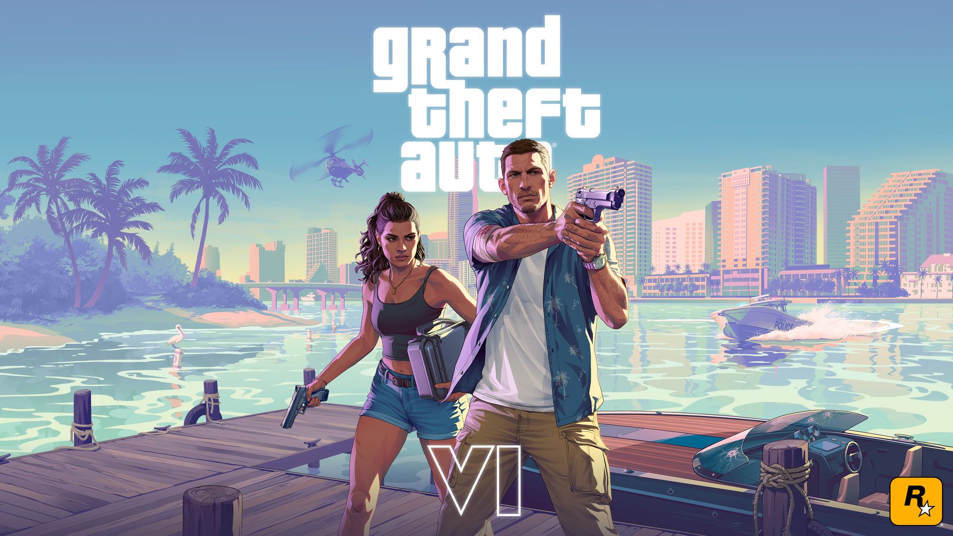 Official GTA VI key art of Jason and Lucia on the Leonida waterfront near their shared home region