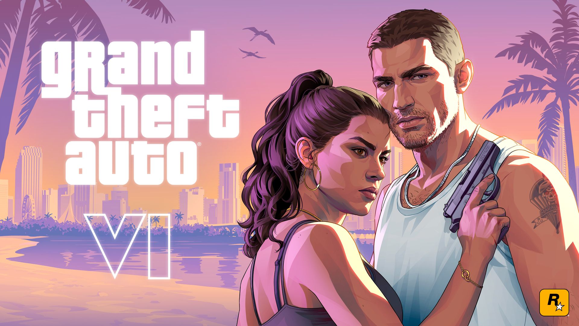 Official GTA VI key art of Jason and Lucia in Vice City, Rockstar Games