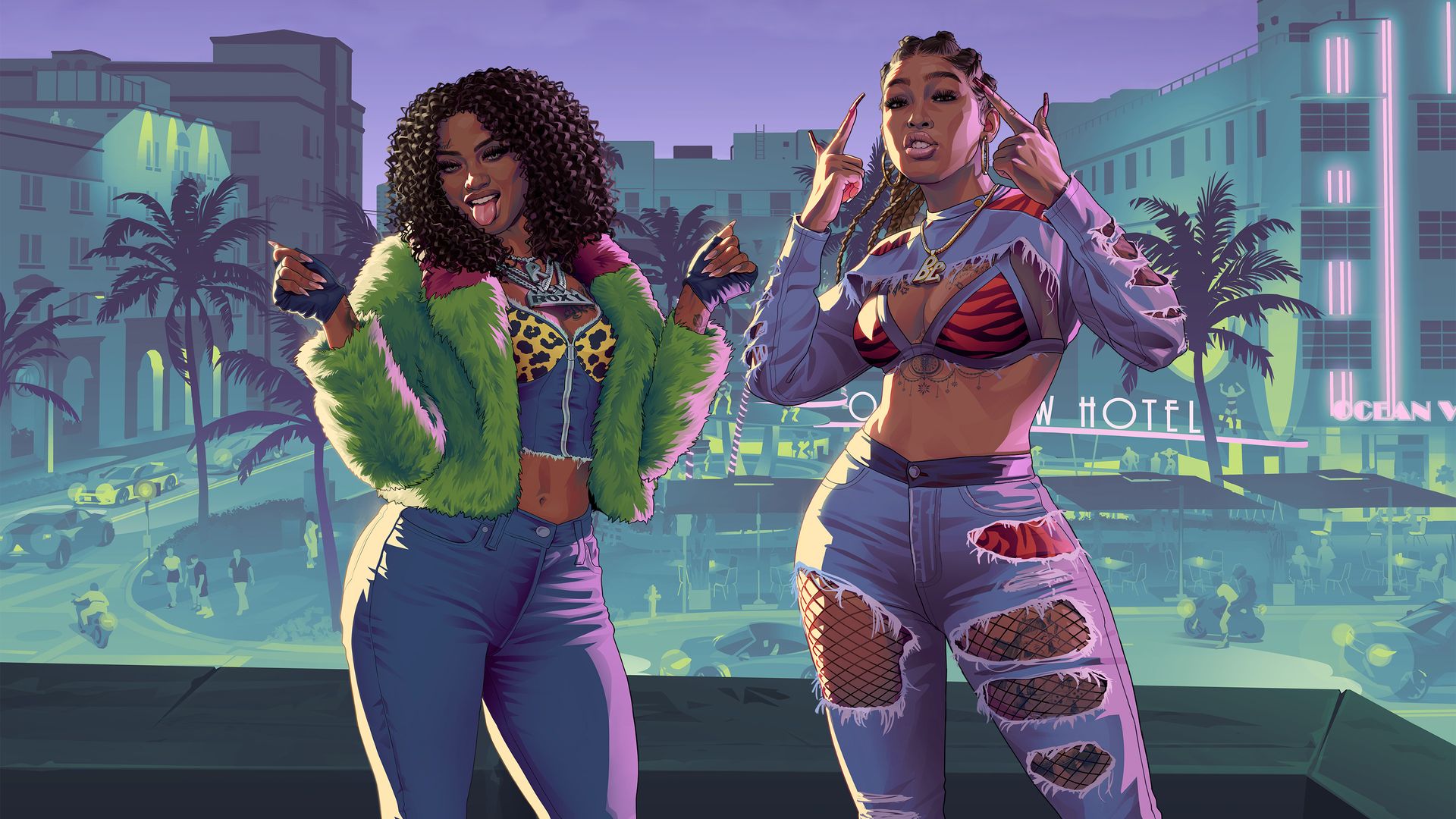 Real Dimez in front of the Ocean View Hotel, the Vice City callback introduced in GTA 6 Trailer 1, official Rockstar Games key art